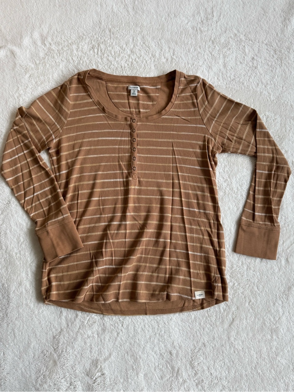 L.L.Bean Striped Waffle Knit Henley Thermal Top M Brown Cotton